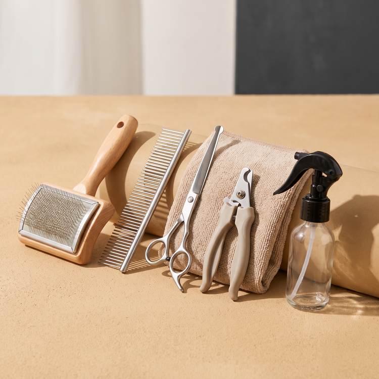 Slicker brush, de-shedding comb, grooming scissors, nail clipper and microfibre pet towel