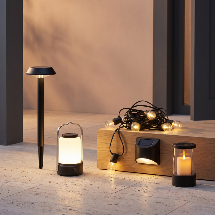 Solar path light, rechargeable lantern, festoon string lights and a candle lantern lit at dusk
