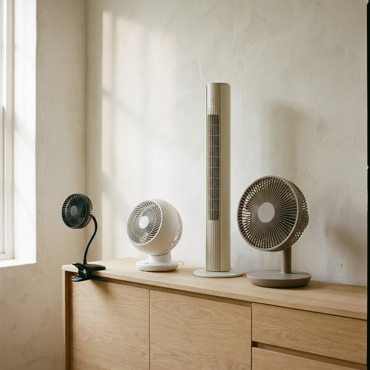 Clip-on fan, desk fan, tower fan and pedestal fan grouped on a pale oak sideboard
