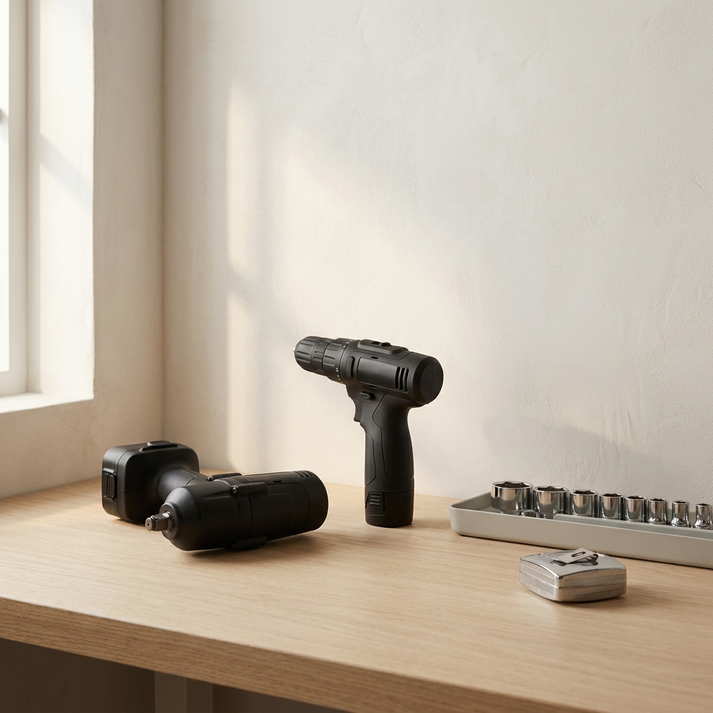 Cordless impact wrench, cordless drill, a tray of chrome sockets and a tape measure on a pale oak bench