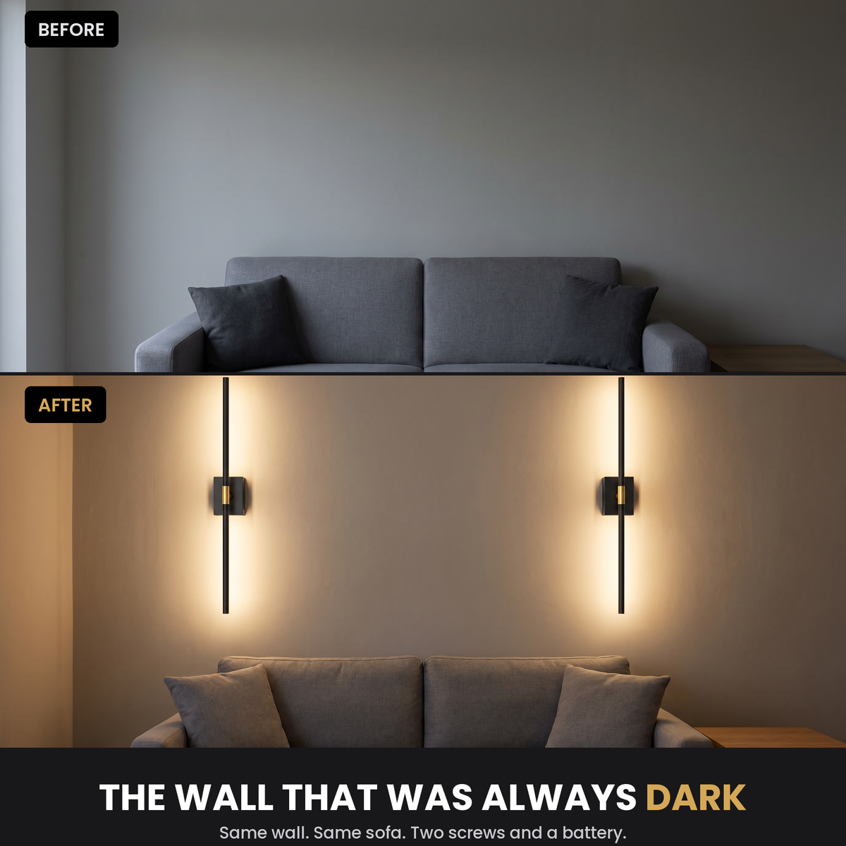 The same living room wall before and after — bare and unlit, then washed with warm light from a pair of Ansel sconces