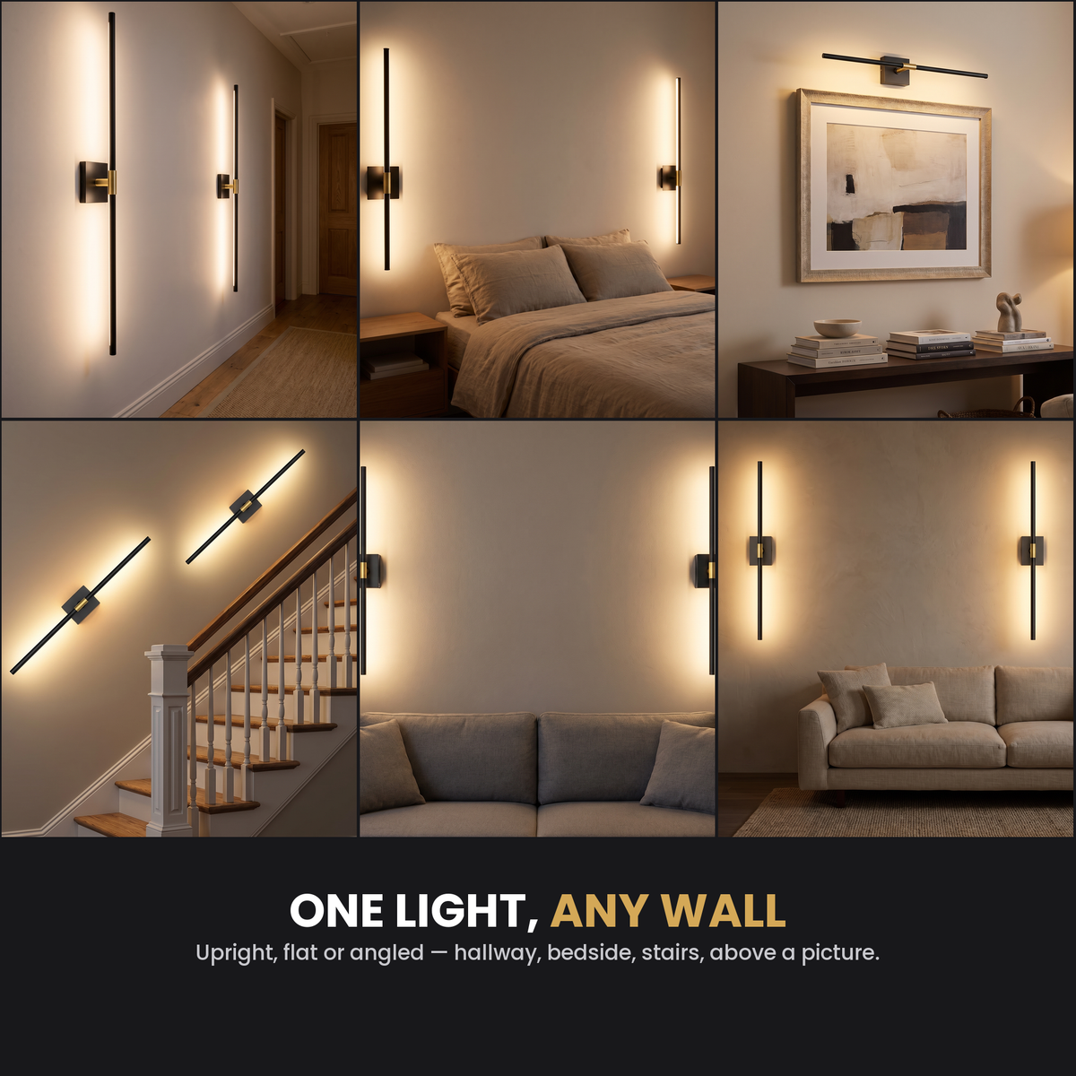 Six rooms with Ansel sconces mounted — hallway, bedside, above a picture, a staircase and a living room