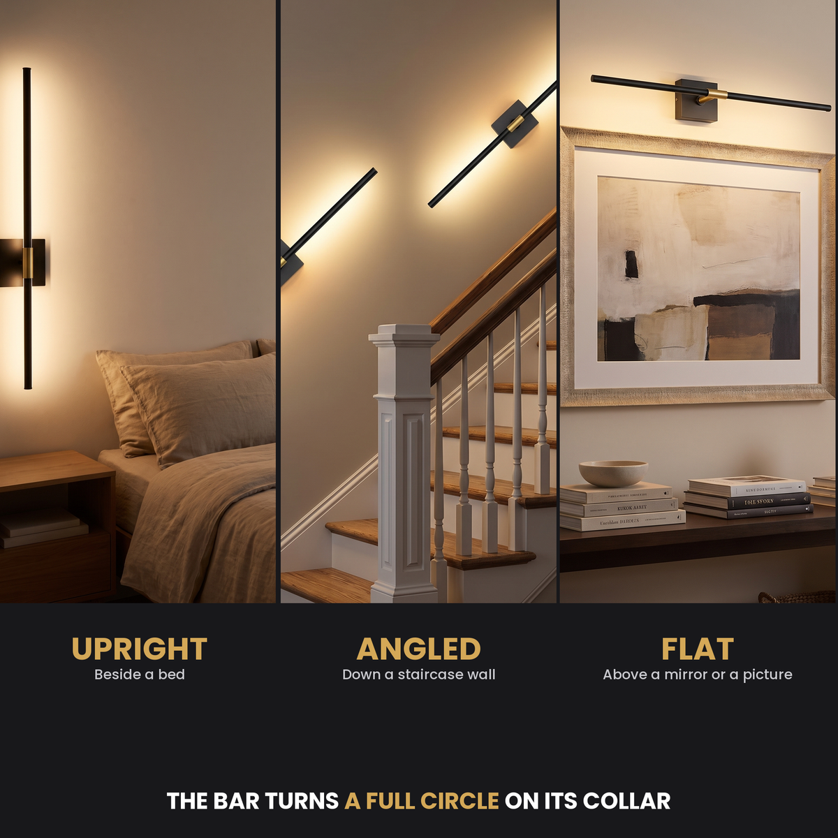The same light mounted upright beside a bed, angled down a staircase wall, and flat above a picture