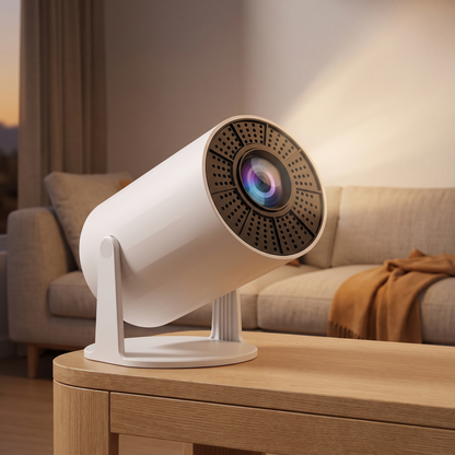 The projector on an oak side table in a living room at dusk, angled at the wall