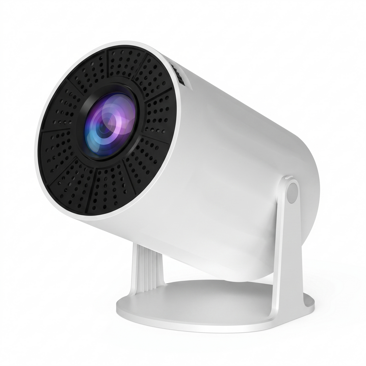 Vesper portable home projector, white cylindrical body with a black lens face on a swivel base
