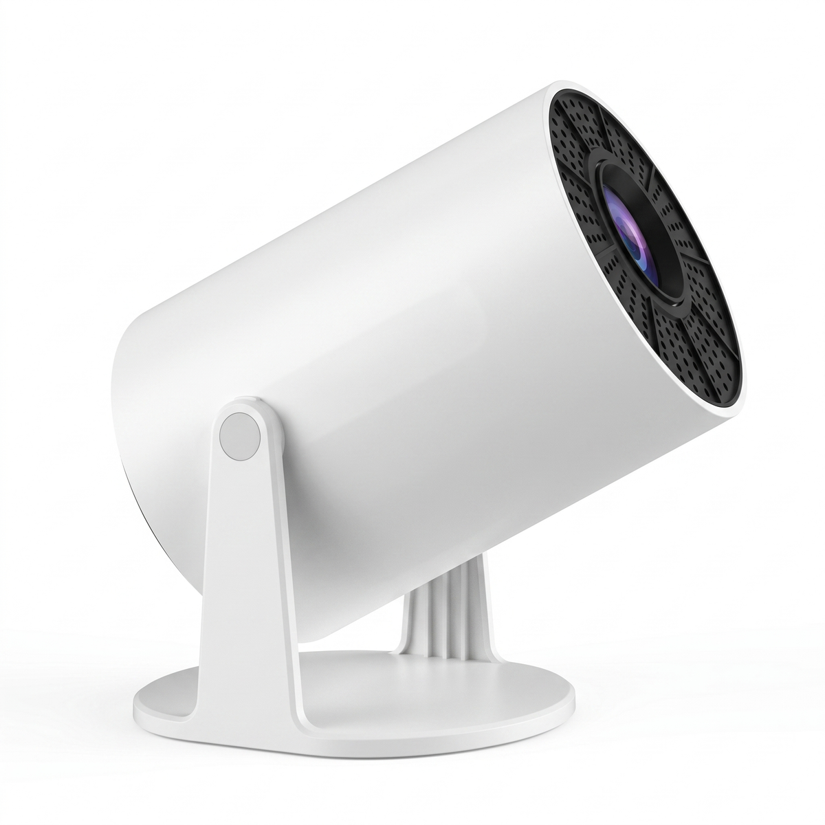 Side profile of the projector tilted steeply upward, showing the swivel hinge and round base