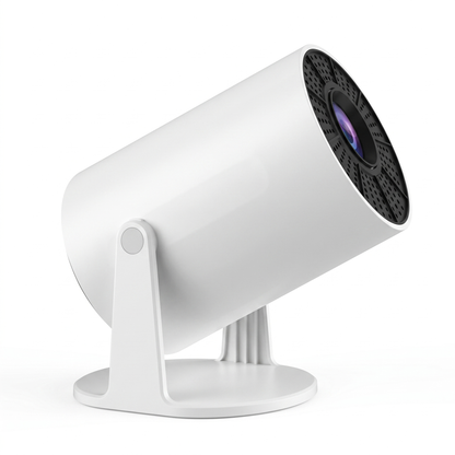 Side profile of the projector tilted steeply upward, showing the swivel hinge and round base