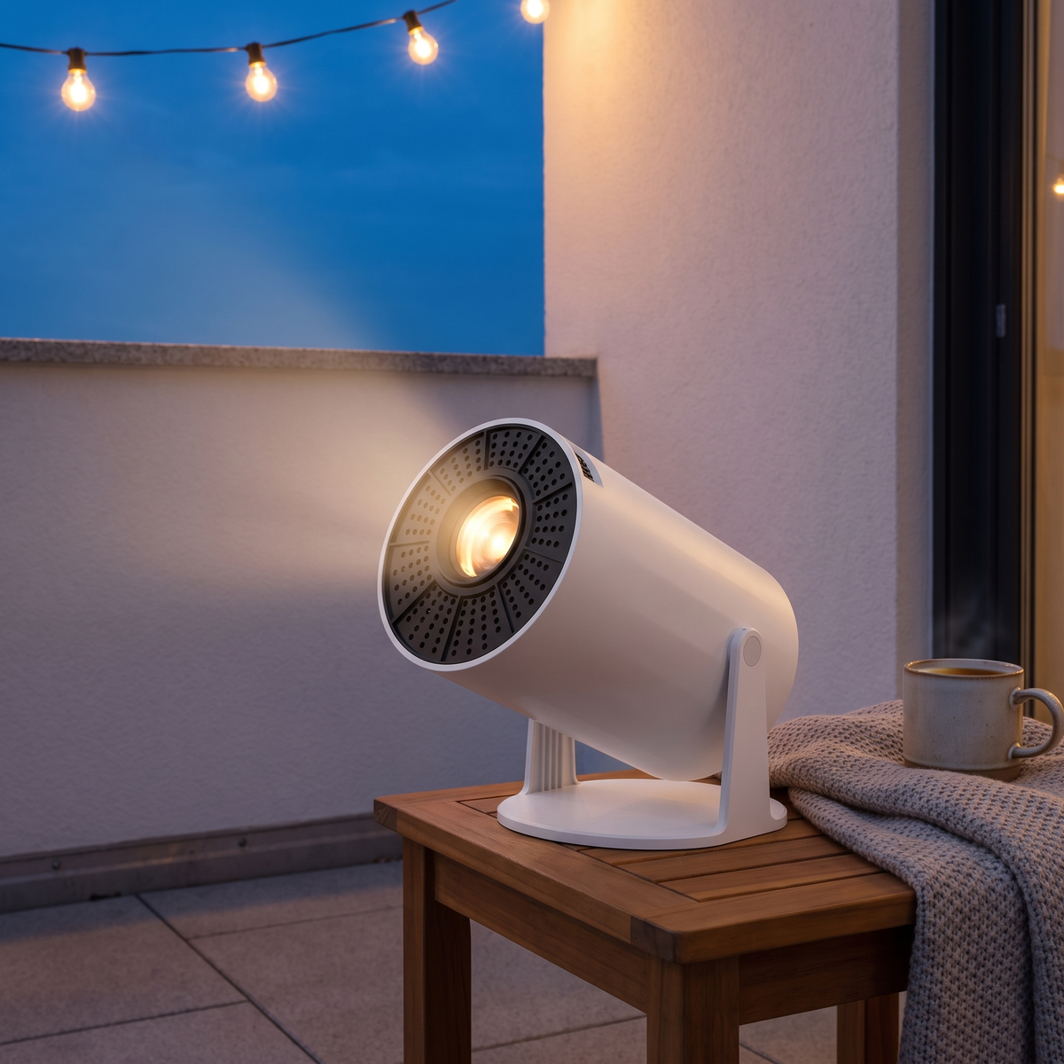 The projector outdoors on a balcony side table at dusk under warm festoon lights