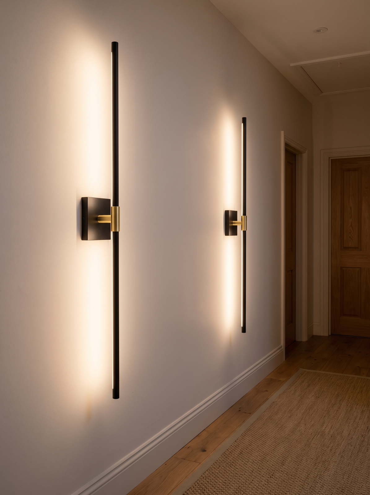 A pair of Ansel wall sconces lighting a hallway wall at dusk, warm light washing up and down